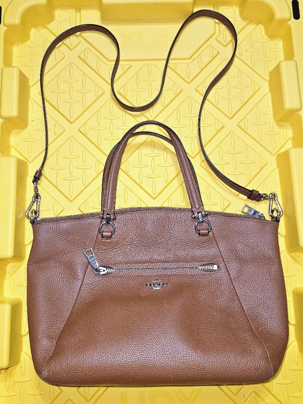 Coach Pebbled Leather Shoulder Tote in Chestnut Brown